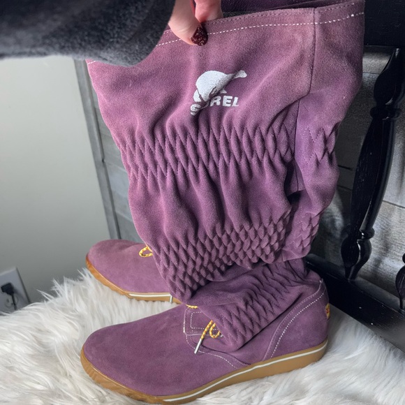 Sorel Boots Womens 9 Burgundy Purple Firenzy Tall Scrunch Slouch Lace Up Boho - Picture 2 of 8